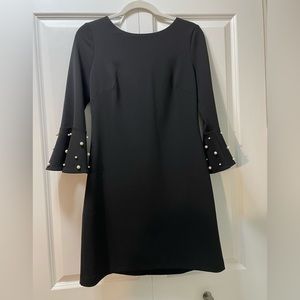 WHBM Brand Size 6P Black Dress with Pearl Embellished Trumpet Sleeves Unique!